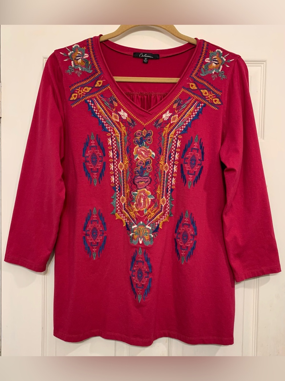 Caleosa Women's Pink Embroidered 3/4 Sleeve 1X Festive Shirt 3989R